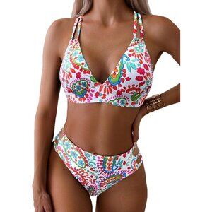 Colorful Floral Push Up V Neck Bikini Crisscross Back Two-Piece Swimsuit LARGE